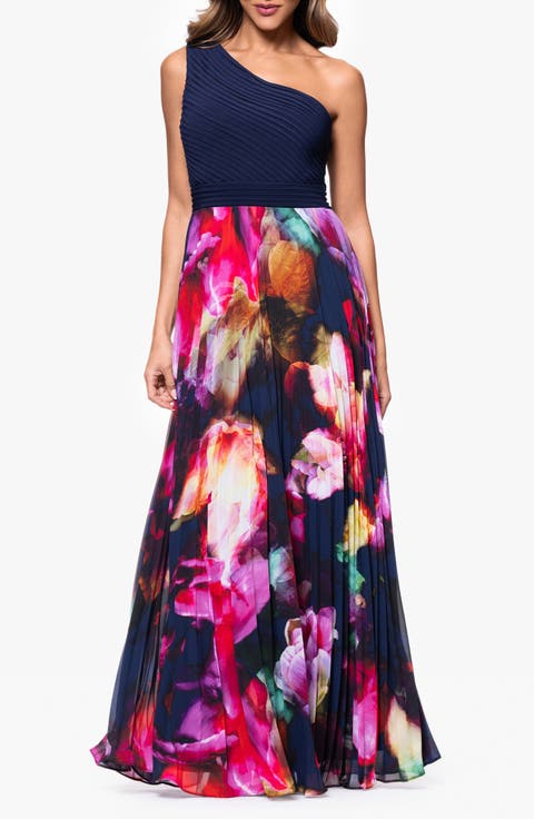 One-Shoulder Mixed Media Gown