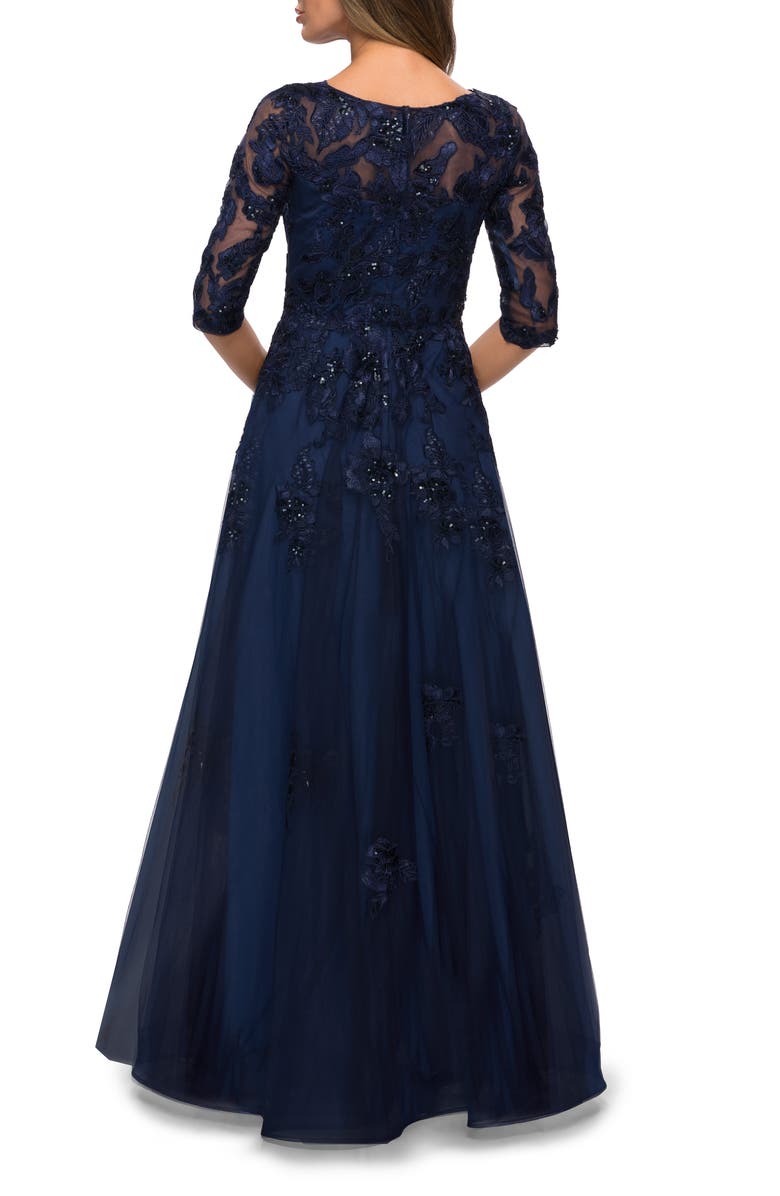 La Femme Three Quarter Sleeve A-line Gown with Floral Embellishments, Alternate, color, Navy