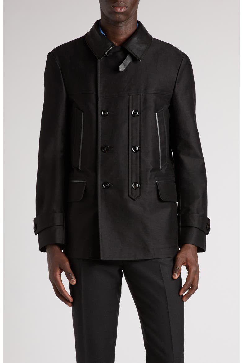 Leather Trimmed Brushed Cotton Satin Peacoat, Alternate, color, BLACK