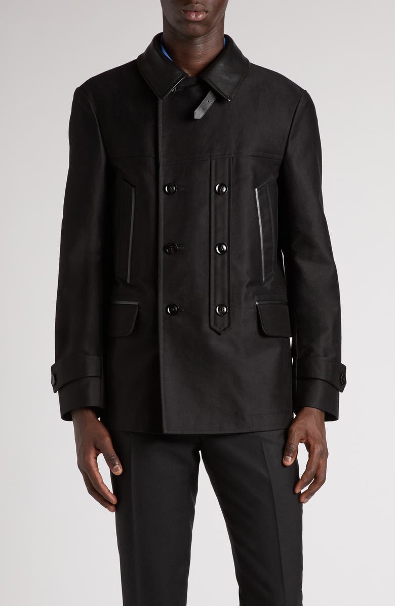 TOM FORD Leather Trimmed Brushed Cotton Satin Peacoat, Alternate, color, Black