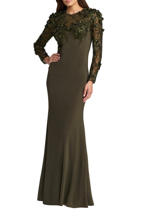 Jersey Long Sleeve Fitted Gown With Floral Beading