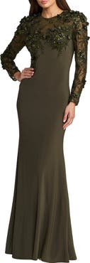 Mac Duggal Jersey Long Sleeve Fitted Gown With Floral Beading