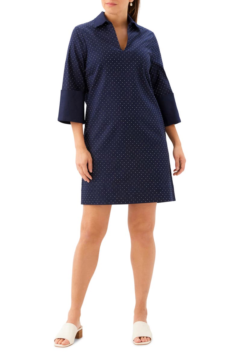 Diamante Detail Stretch Cotton Shift Dress, Main, color, NAVY