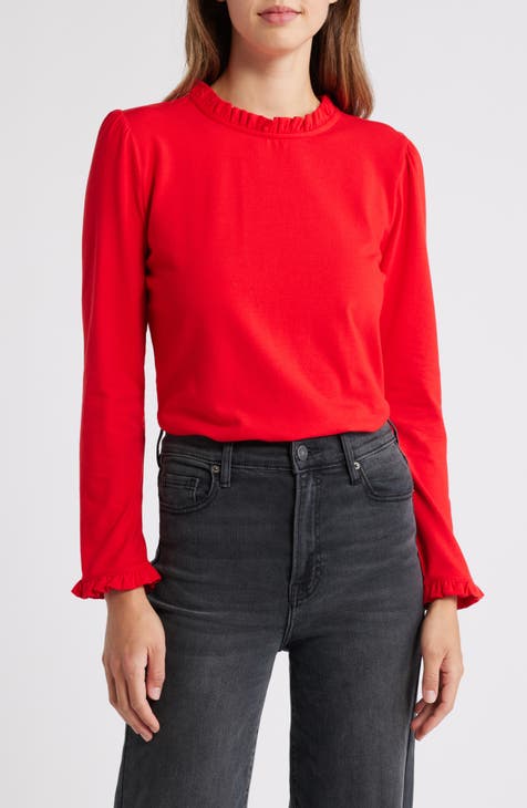 Tory Burch Cotton Puffed Sleeve deals Top Red 10