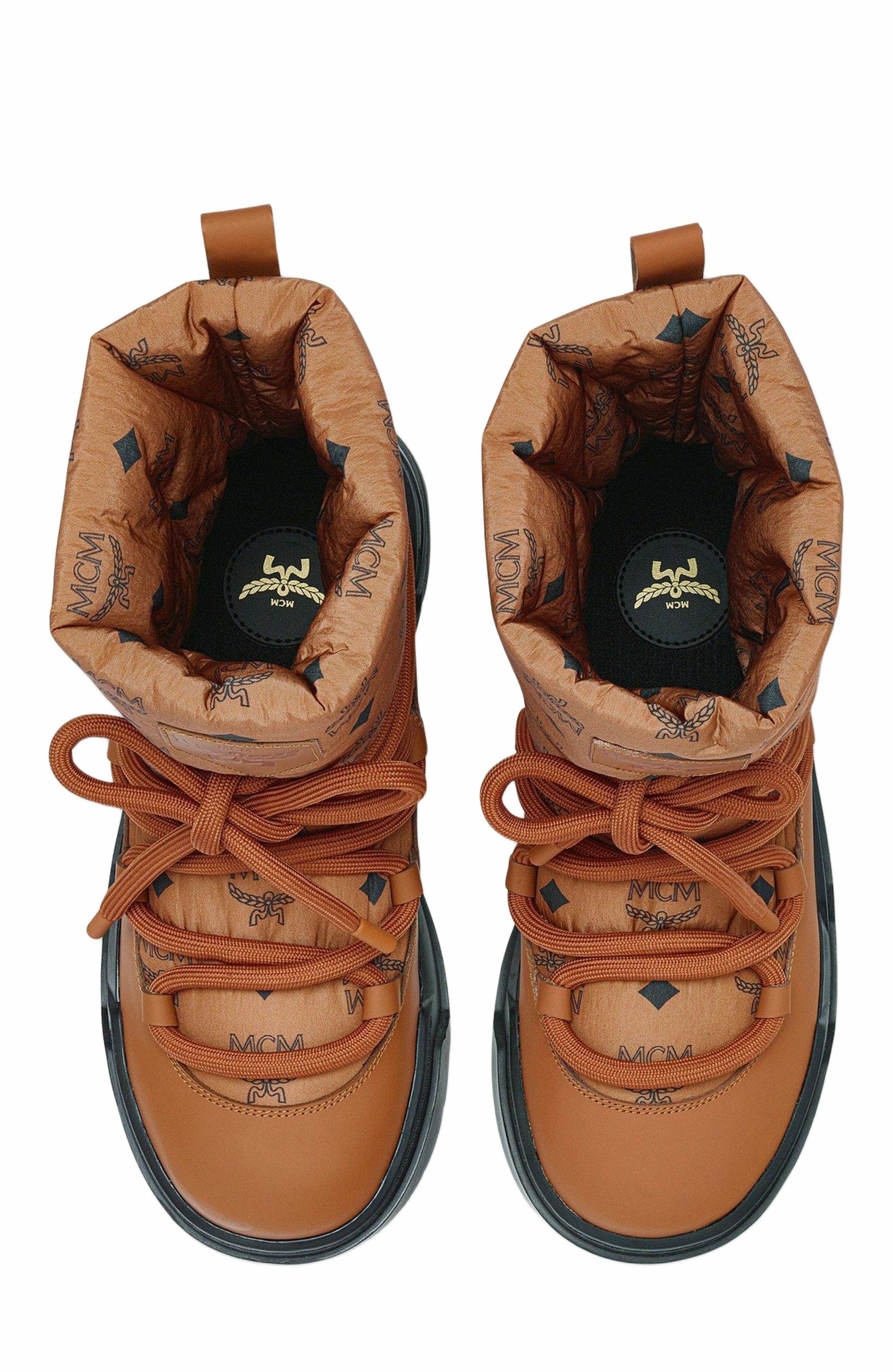 MCM Skyward Ankle Boots in Padded Monogram Nylon, Alternate, color, Cognac