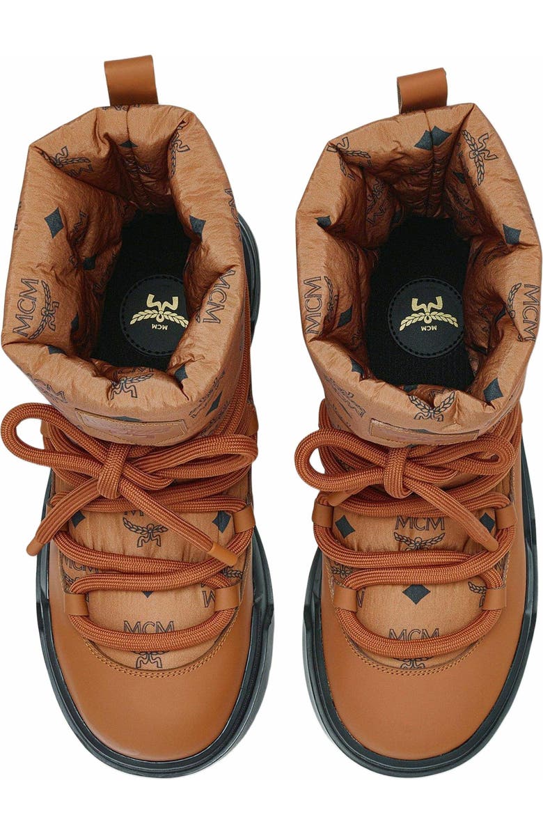 MCM Skyward Ankle Boots in Padded Monogram Nylon, Alternate, color, Cognac