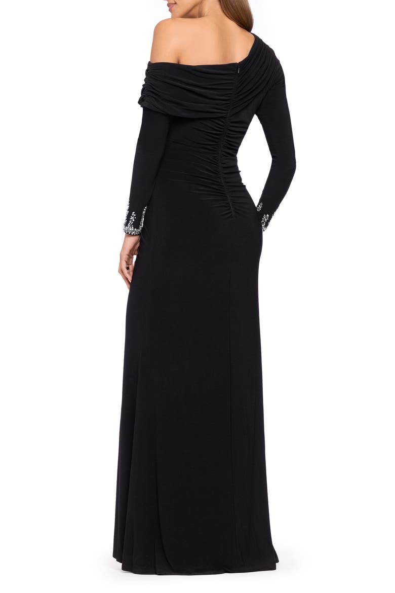 Ruched Beaded Cuff Long Sleeve Gown, Alternate, color, BLACK/ SILVER