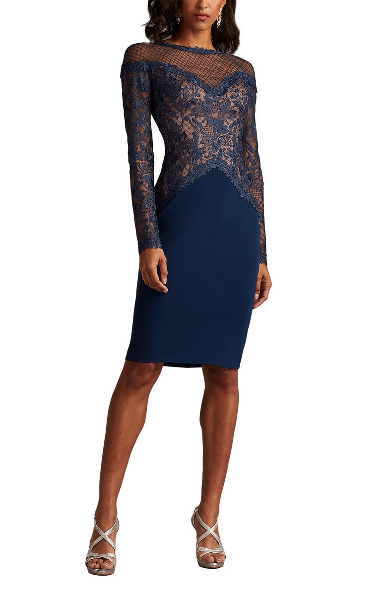 Tadashi Shoji Embroidered Lace Long Sleeve Cocktail Dress, Alternate, color, Navy/ Nude
