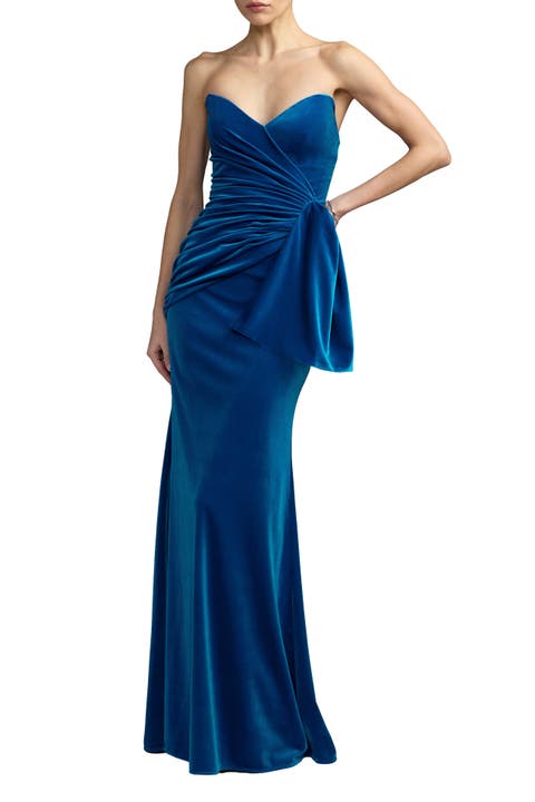 Strapless Velvet Draped Column Gown