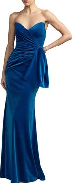 Mac Duggal Strapless Velvet Draped Column Gown