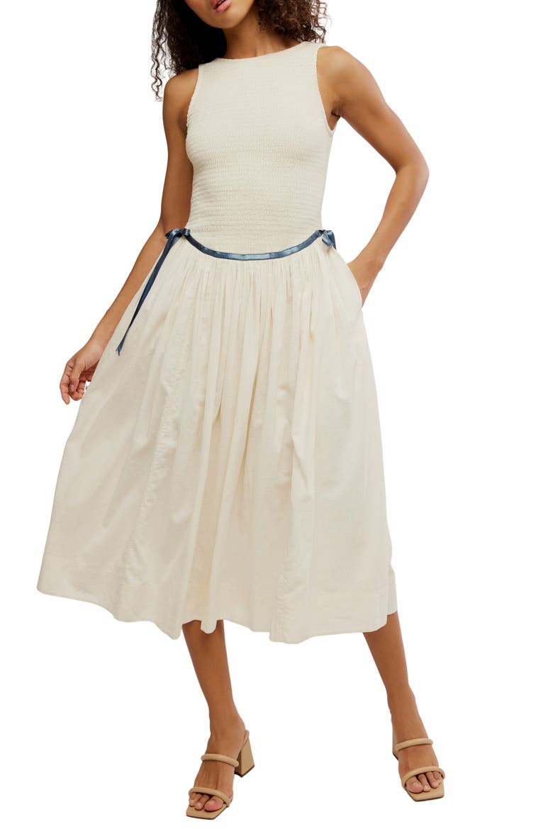 Nightingale Smocked Bodice Midi Sundress, Main, color, TEA NAVY COMBO