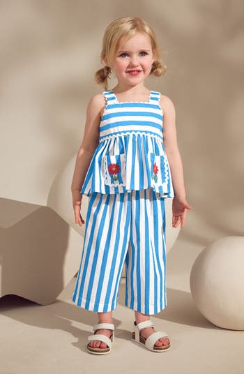 Kids' Embroidered Stripe Peplum Top & Wide Leg Pants Set
