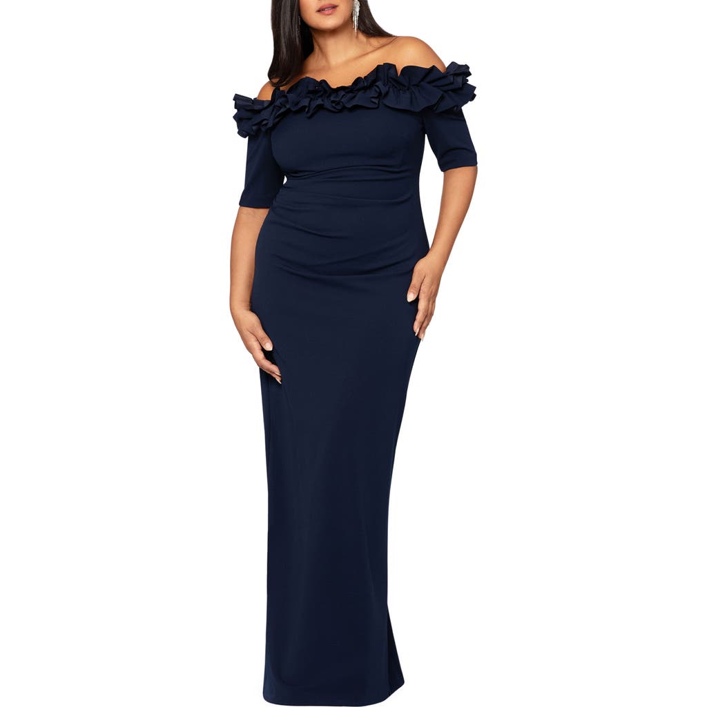 Xscape Evenings Xscape Ruffle Off The Shoulder Sheath Dress In Navy