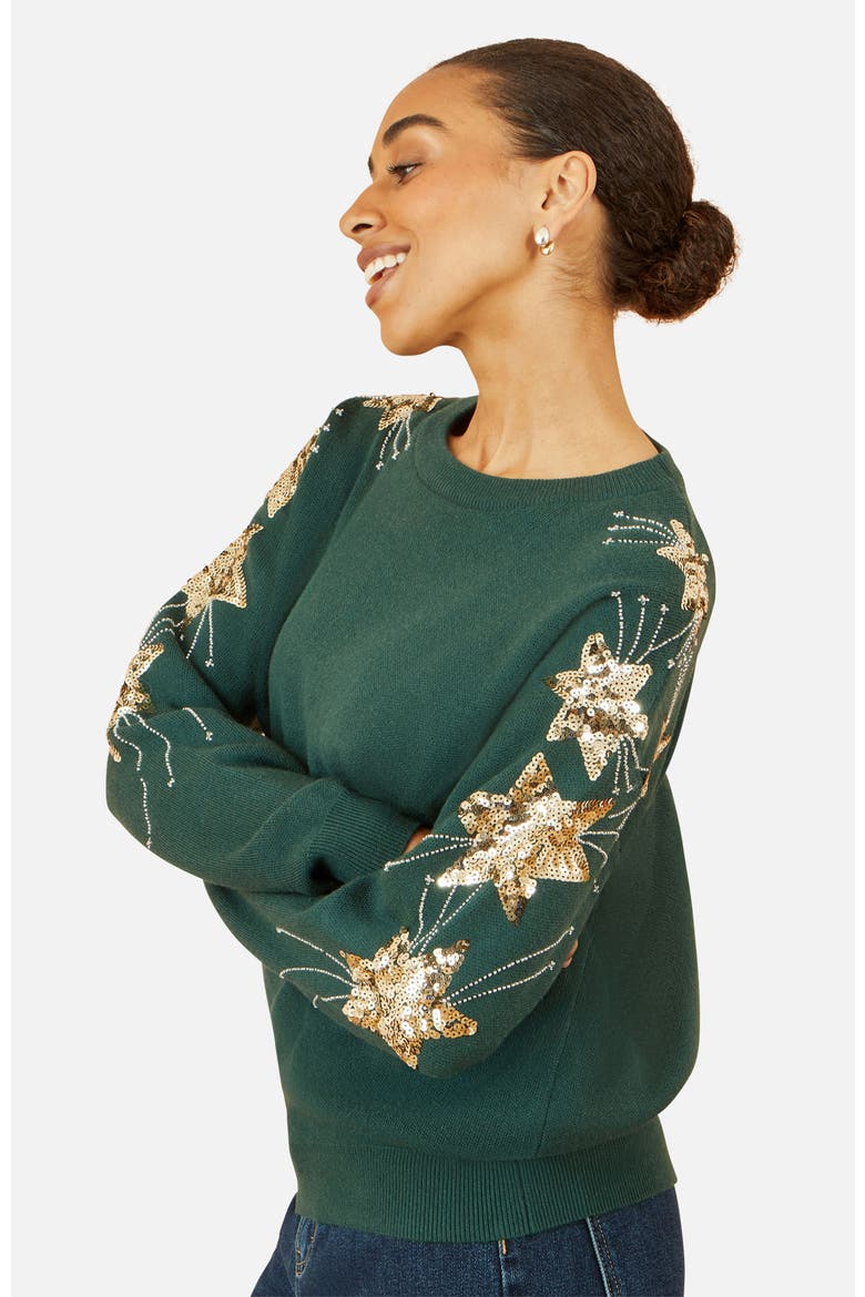 Sequin Star Sleeves Jumper, Main, color, Green