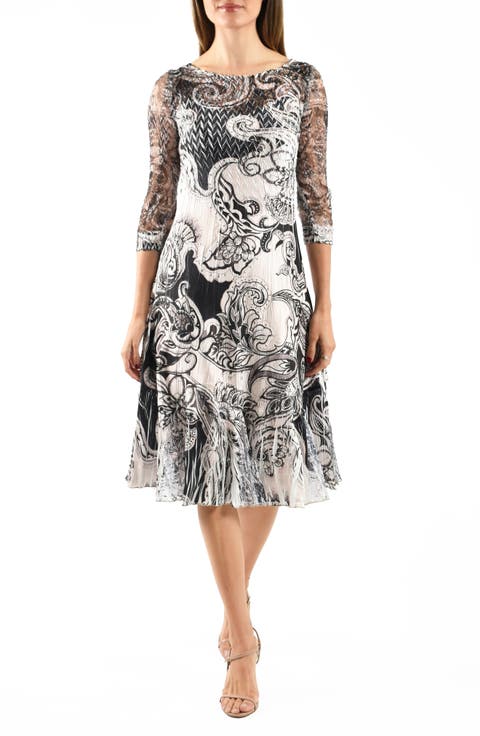 Illusion Neck Lace & Charmeuse Cocktail Dress