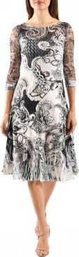 Komarov Illusion Neck Lace & Charmeuse Cocktail Dress