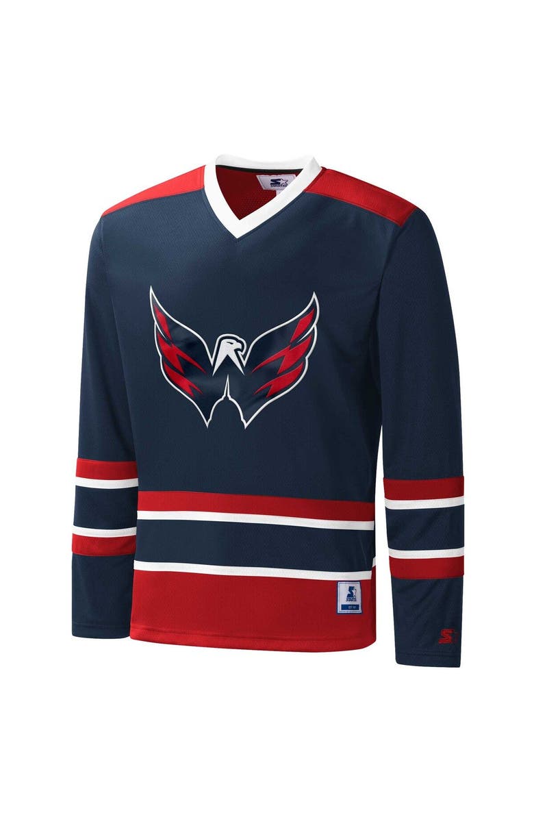 STARTER Men's Starter Navy/Red Washington Capitals Cross Check Jersey V-Neck Long Sleeve T-Shirt, Alternate, color, Navy