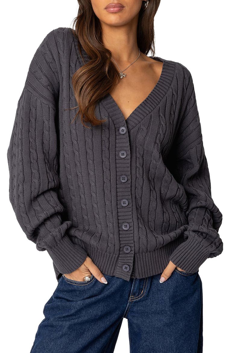 Francine Oversize Cable Cotton Cardigan, Main, color, DARK-GRAY
