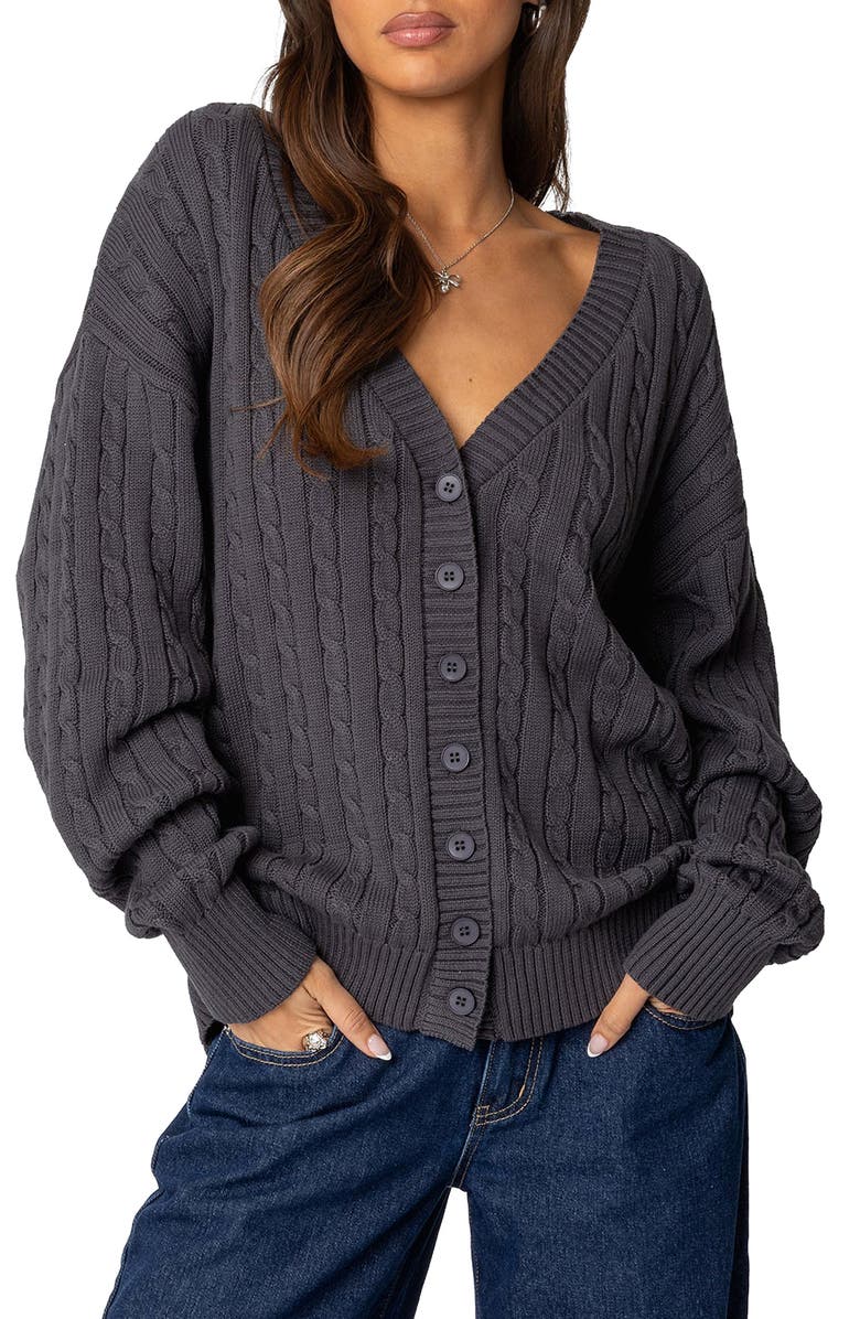 EDIKTED Francine Oversize Cable Cotton Cardigan, Main, color, Dark-Gray