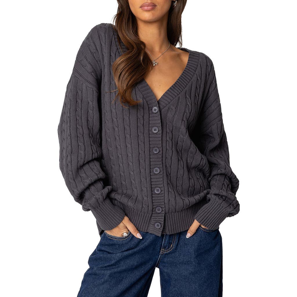 Shop Edikted Francine Oversize Cable Cotton Cardigan In Dark-gray