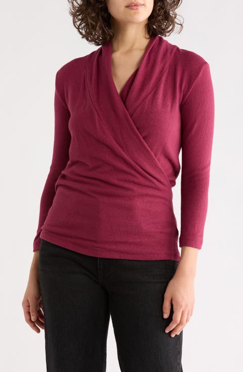 Surplice Long Sleeve Brushed Knit Top