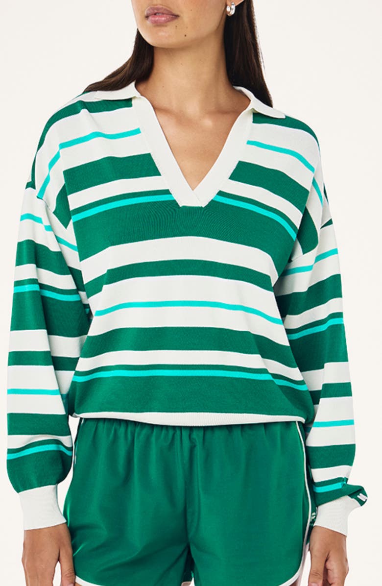 P.E Nation Retreat Stripe Johnny Collar Sweater, Main, color, College Green Stripe