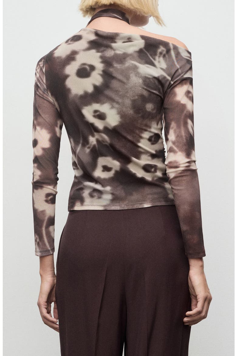 Floral One Shoulder Long Sleeve Mesh T-Shirt with Scarf, Alternate, color, BROWN