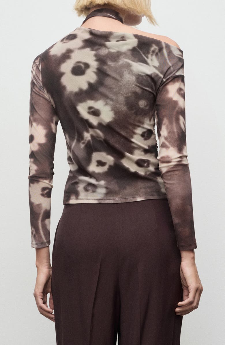 MANGO Floral One Shoulder Long Sleeve Mesh T-Shirt with Scarf, Alternate, color, Brown