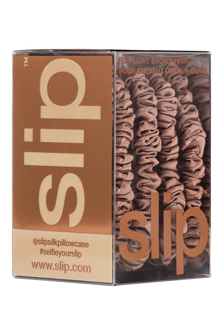 Pure Silk 4-Pack Skinny Scrunchies: Back to Basics Collection, Alternate, color, LIGHT BROWN