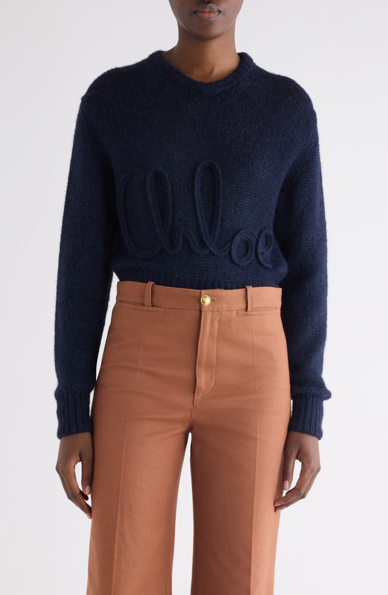 Chloé Raised Logo Alpaca & Silk Sweater, Main, color, Navy