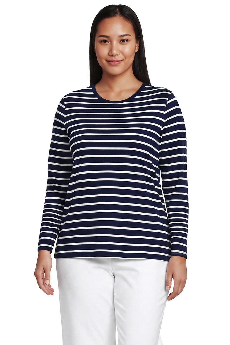 Plus Size Supima Cotton Long Sleeve Crewneck T-Shirt, Main, color, Deep Sea/Ivory Breton Stripe
