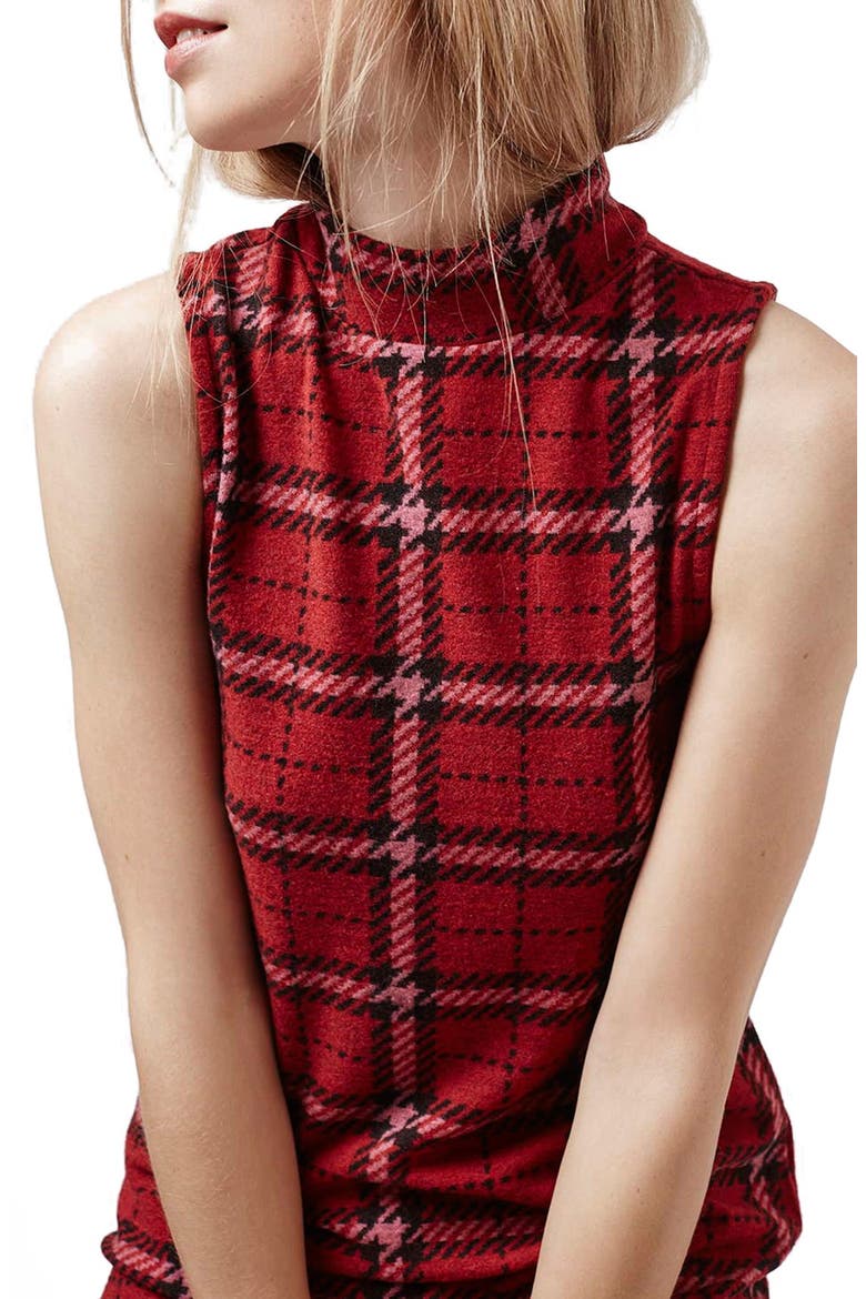 Plaid Funnel Neck Tunic Dress, Alternate, color, RED MULTI