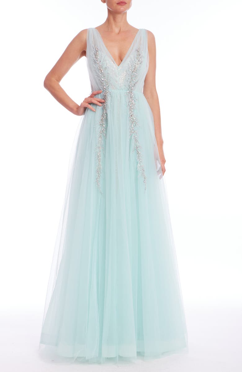Badgley Mischka Collection Bead Detail Tulle Ballgown, Main, color, Hydra Blue