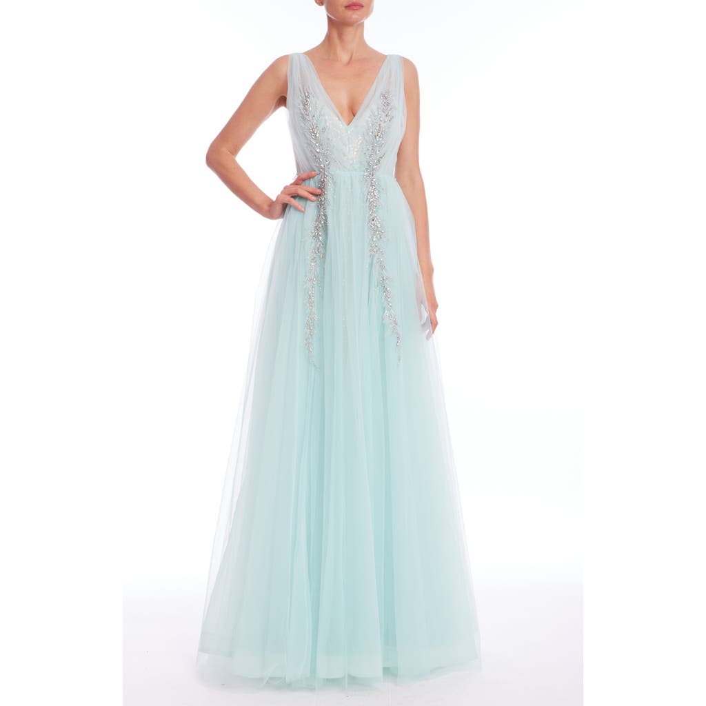 Badgley Mischka Collection Bead Detail Tulle Ballgown In Hydra Blue
