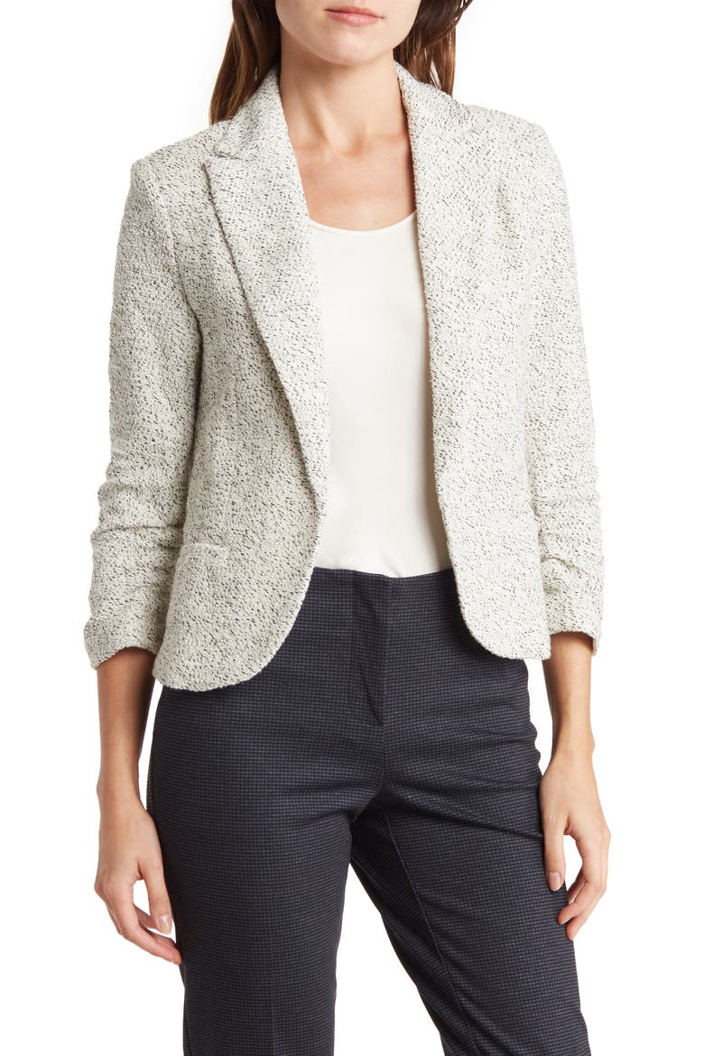 Three-Quarter Sleeve Scrunch Bouclé Blazer, Main, color, IVORY/BLACK