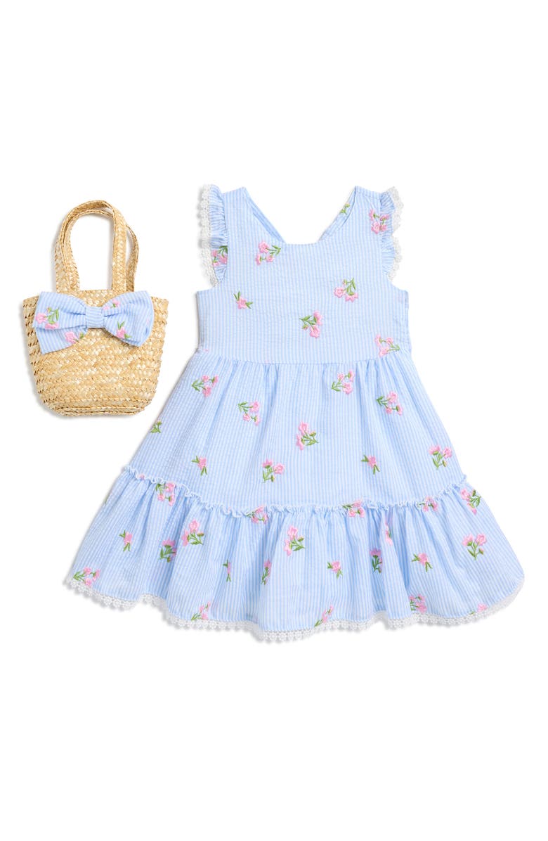 Rare Editions Kids' Floral Embroidered Seersucker Sundress & Tote, Main, color, 