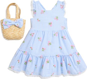 Kids' Floral Embroidered Seersucker Sundress & Tote