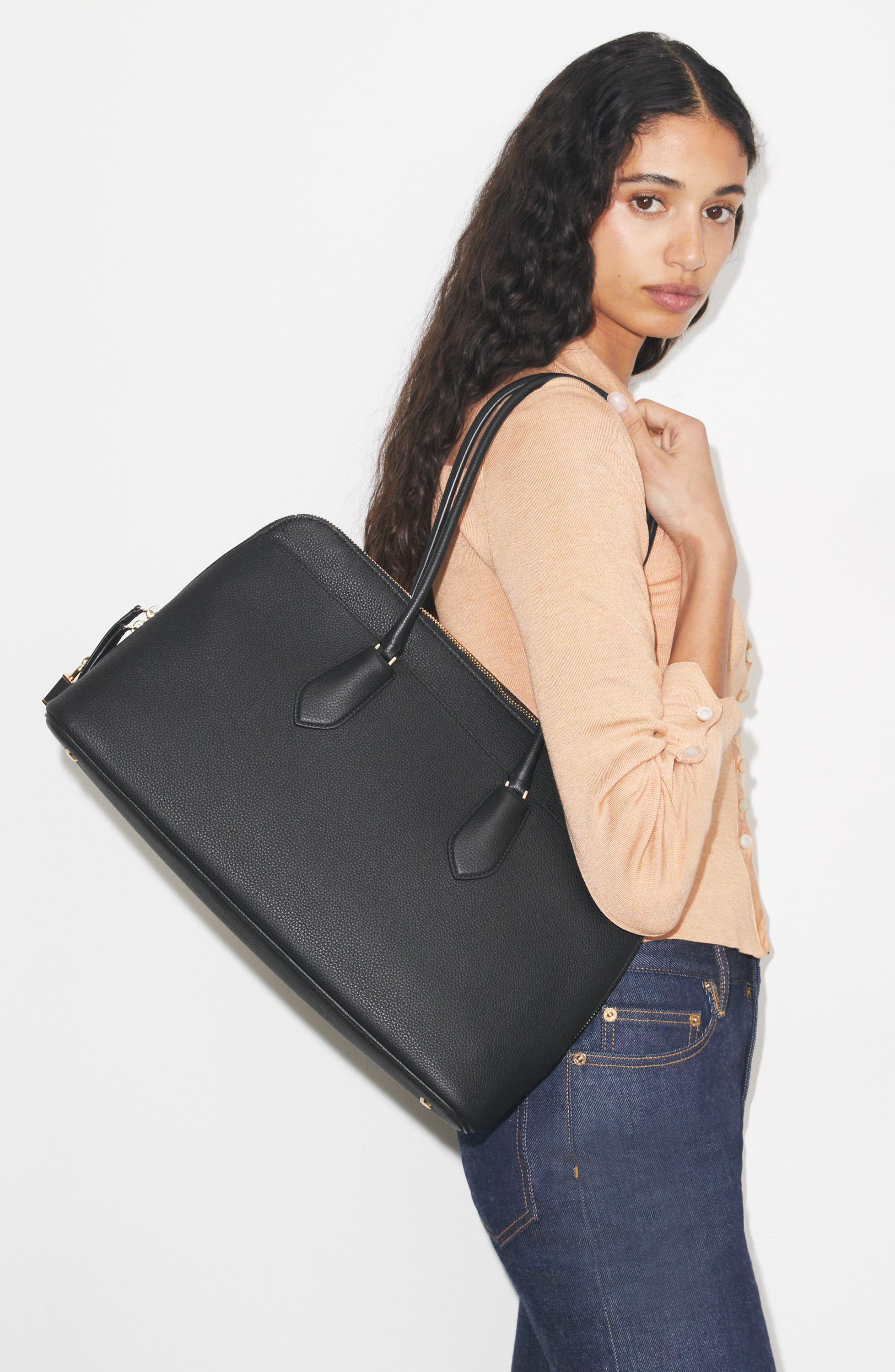 Tory Burch Lock Leather Satchel, Alternate, color, Black