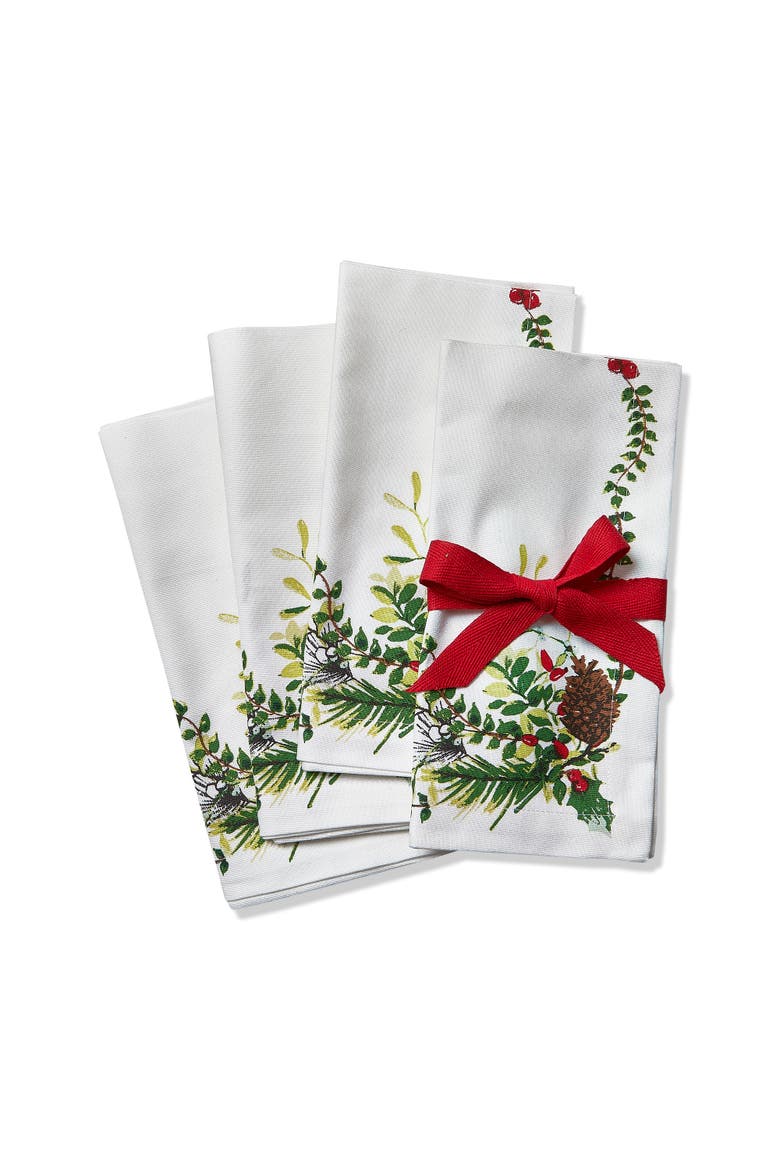 Winter Sprig Cloth Napkins Set of 4 Multicolor Cotton, Main, color, White