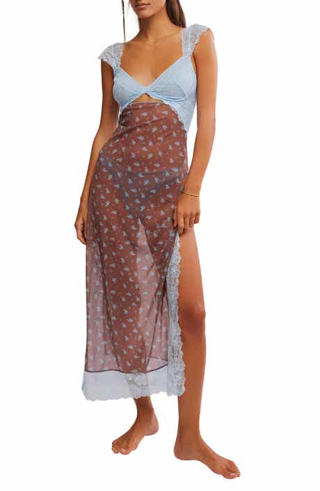 Free People Suddenly Fine Floral Print Cutout Lace Trim Nightgown