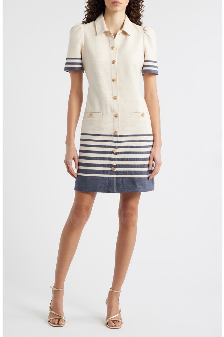 Stripe Trim Snap Front Shirtdress, Main, color, IVORY NAVY