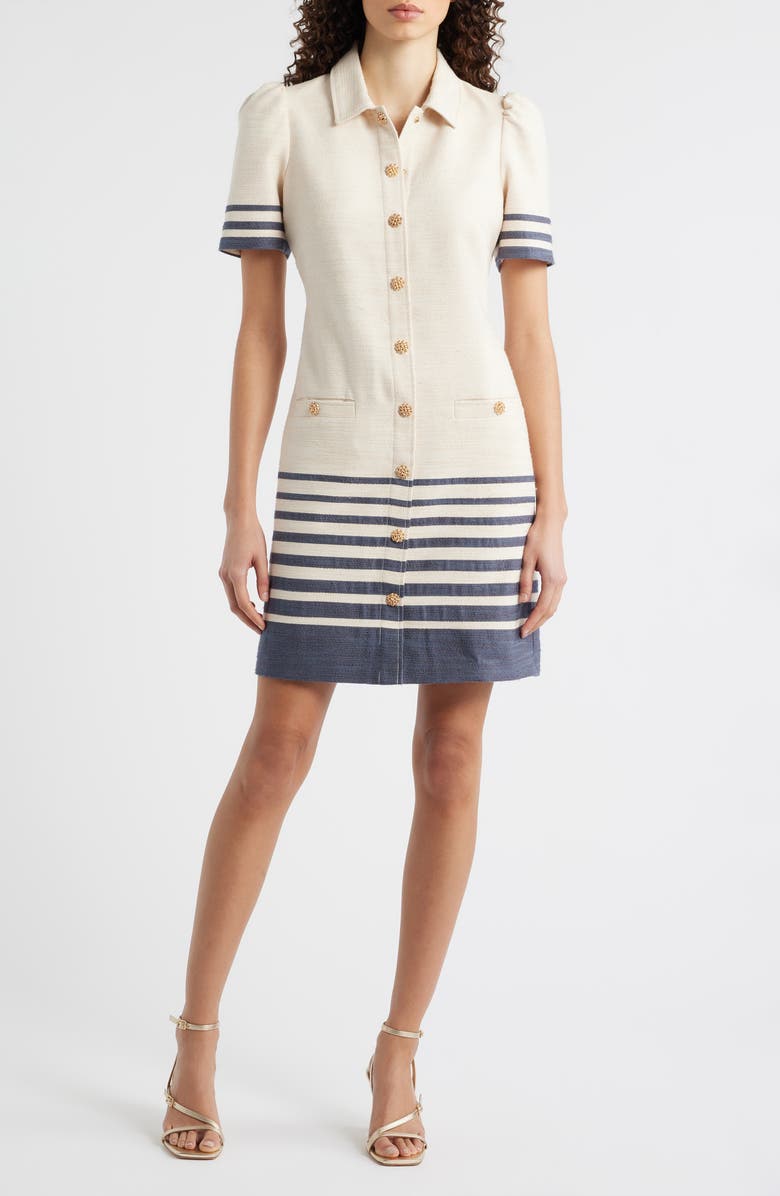 Eliza J Stripe Trim Snap Front Shirtdress, Main, color, Ivory Navy