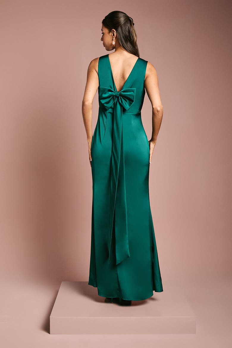 Bow Back V-Neck Satin Bridesmaid Dress, Alternate, color, Emerald