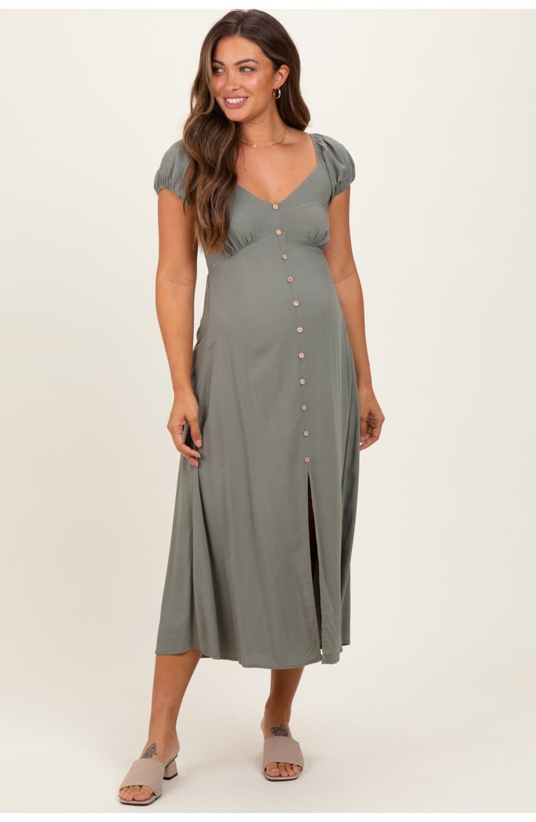 PinkBlush Button Accent Front Slit Midi Dress, Main, color, Olive Green