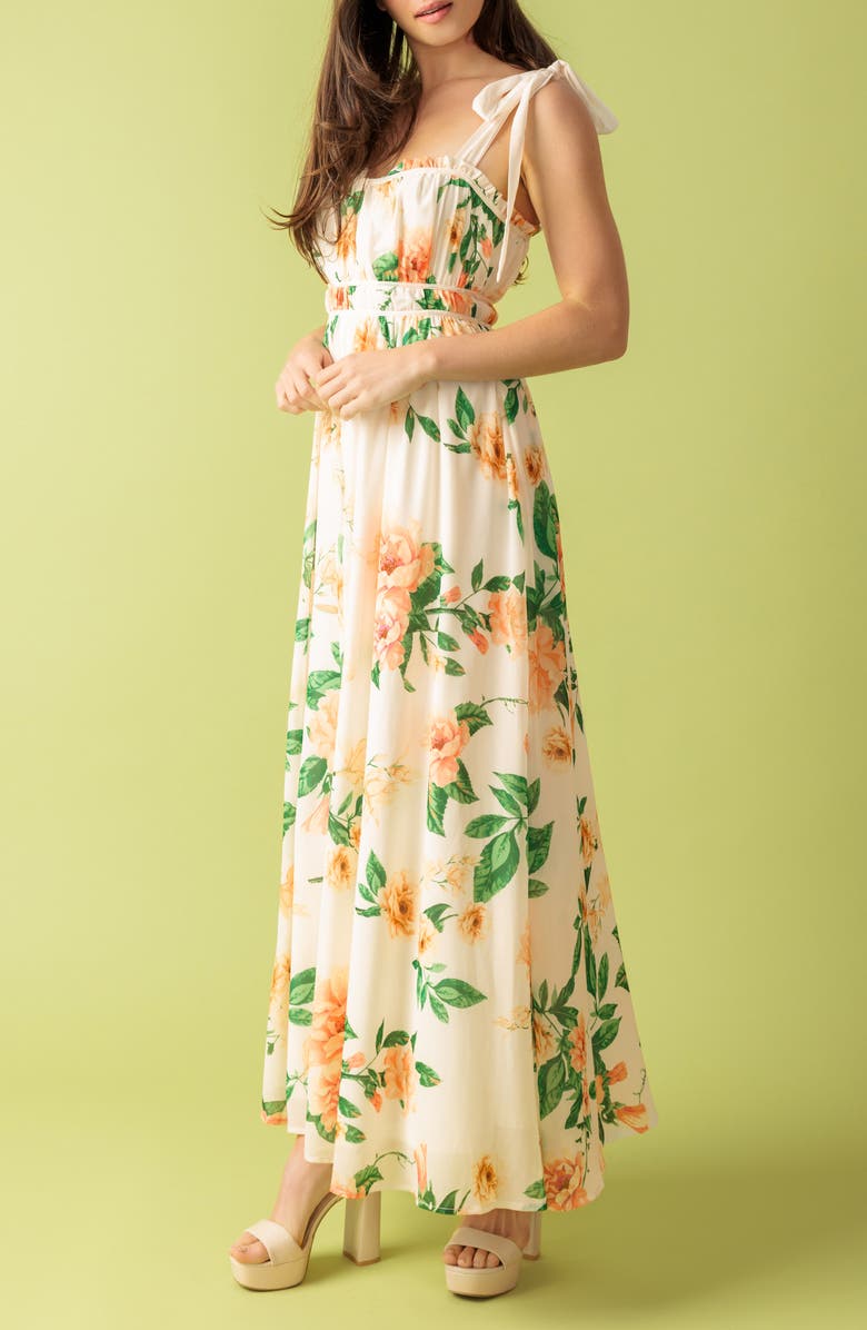 FLYING TOMATO Floral Tie Strap Maxi Dress, Alternate, color, Ivory/ Peach