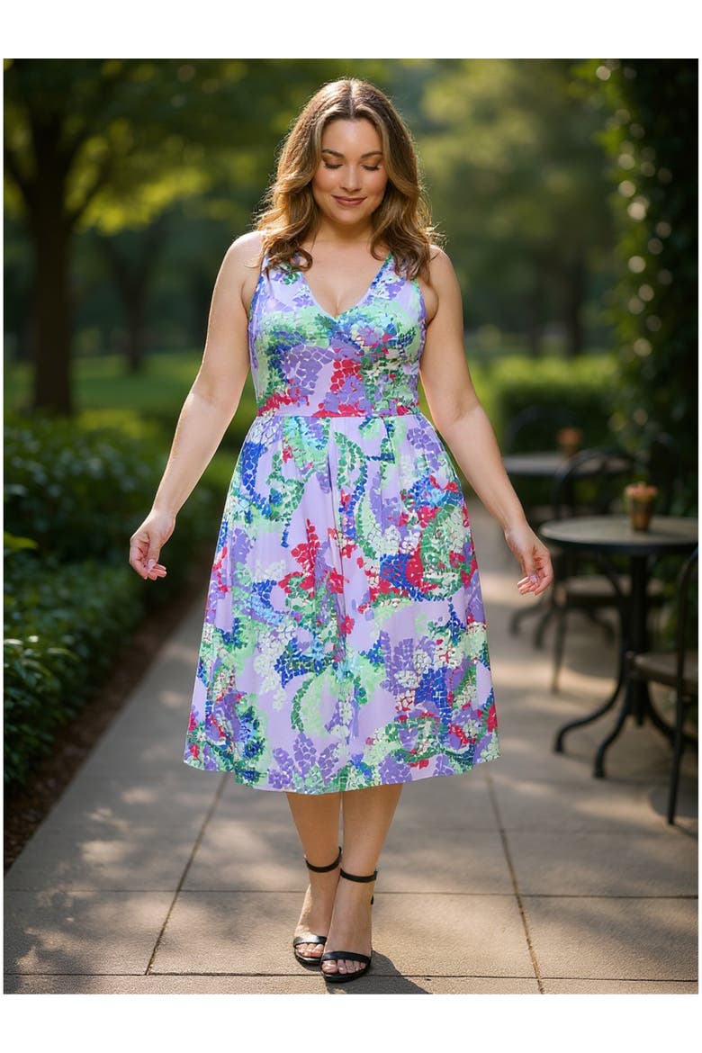 Plus Size Abstract V-Neck Sleeveless Pleated Pocket Midi Fit N Flare Dress, Alternate, color, Purple Multi