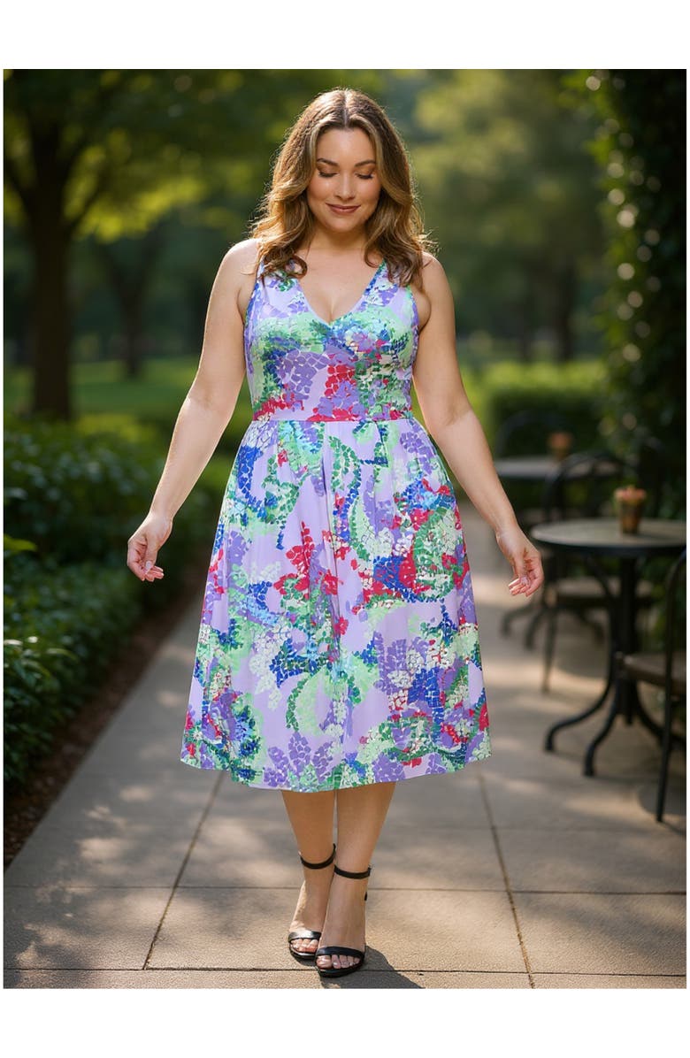 24seven Comfort Apparel Plus Size Abstract V-Neck Sleeveless Pleated Pocket Midi Fit N Flare Dress, Alternate, color, Purple Multi