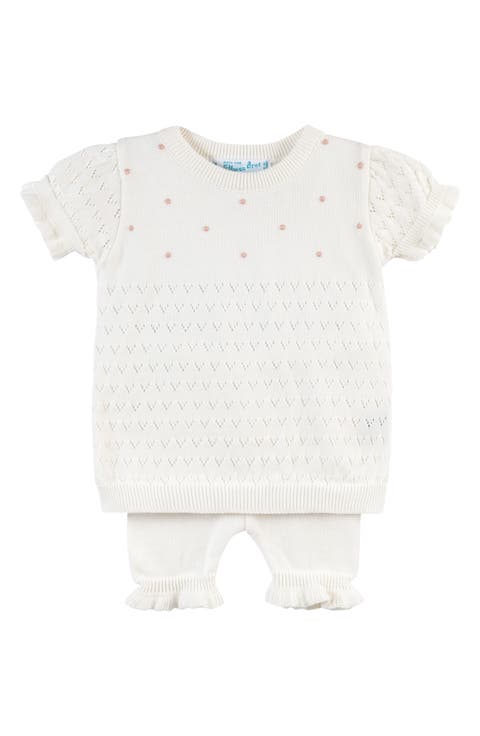 Pointelle Knit Short Sleeve Cotton Sweater & Pants Set (Baby)