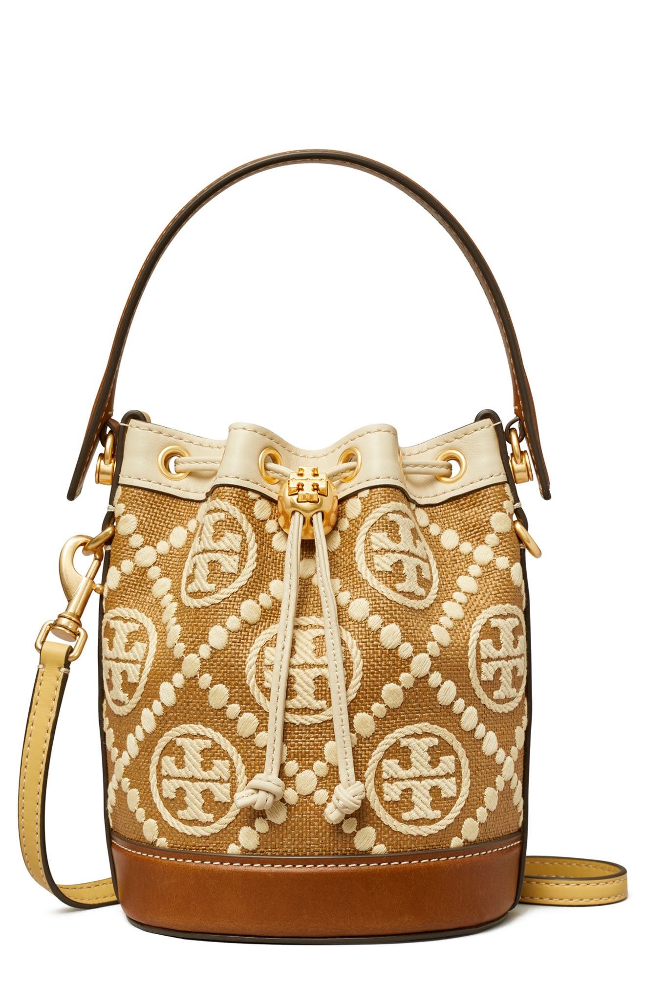Tory Burch Mini T Monogram Embroidered Raffia Bucket Bag, Main, color, 