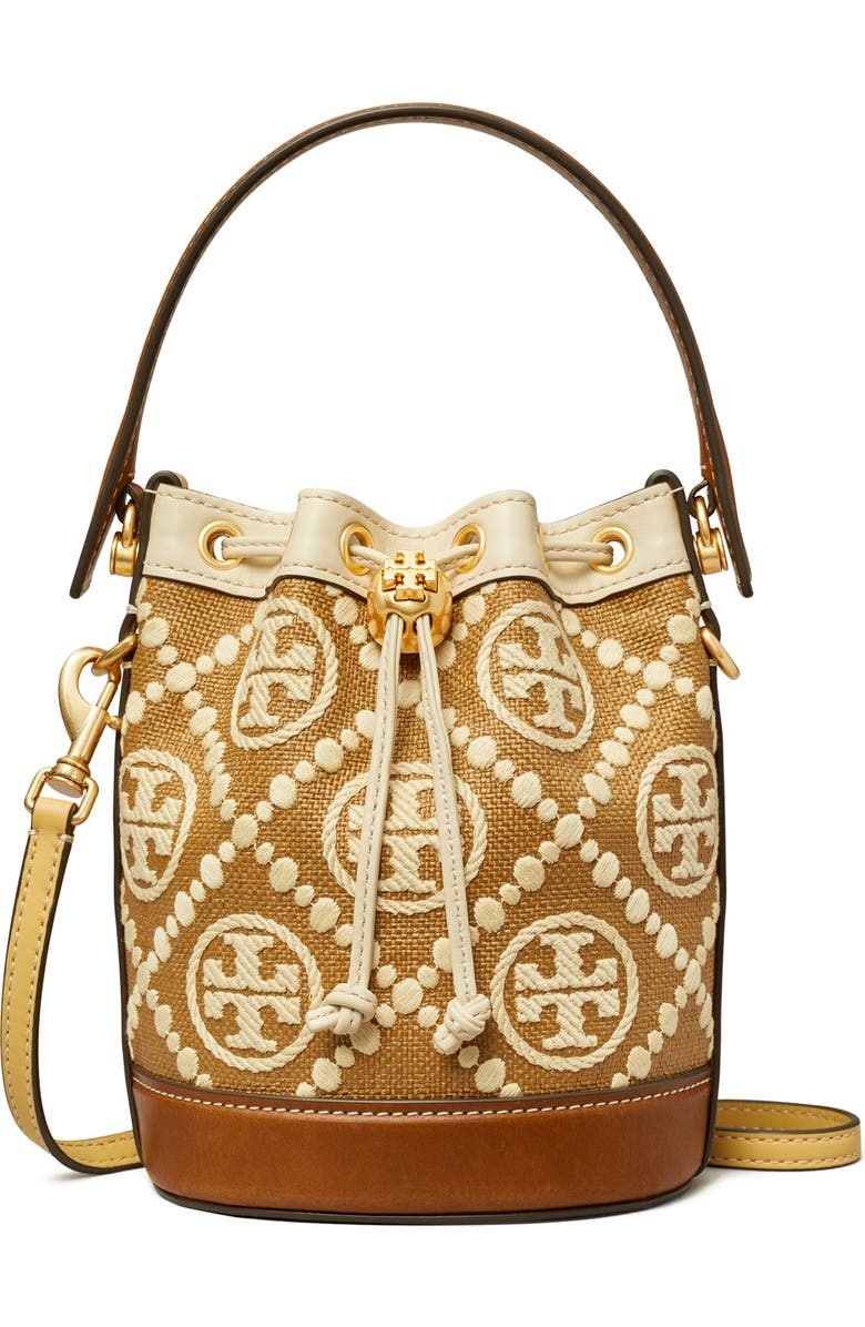 Tory Burch Mini T Monogram Embroidered Raffia Bucket Bag, Main, color,